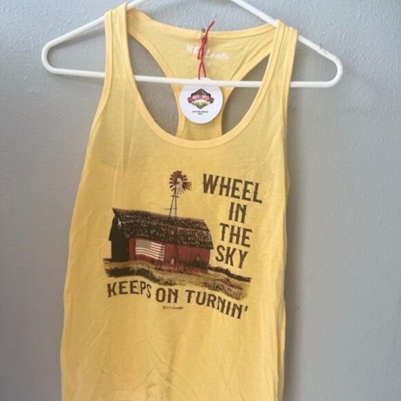 Wild Lucille Yellow Racerback Tank Top "Wheel In The Sky" women Graphic tee - Picture 1 of 3